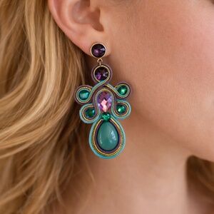 Handmade Colombian Soutache Statement Earrings – Teal, Emerald & Amethyst
